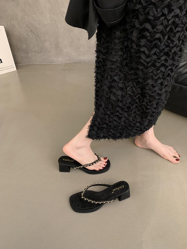 Fashion Slippers Women Summer Shoes Square Heel Rubber Flip Flops Heeled Mules Slides Block Hawaiian High Retro Scandals Square Heel Sho