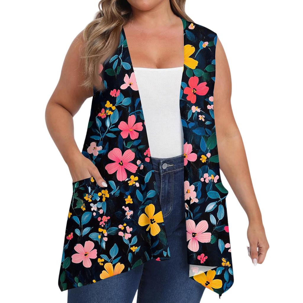 Women's Oversized Loose Casual Printed Sleeveless Vest With Pocket Cardigan Jacket Cardigan Jacket