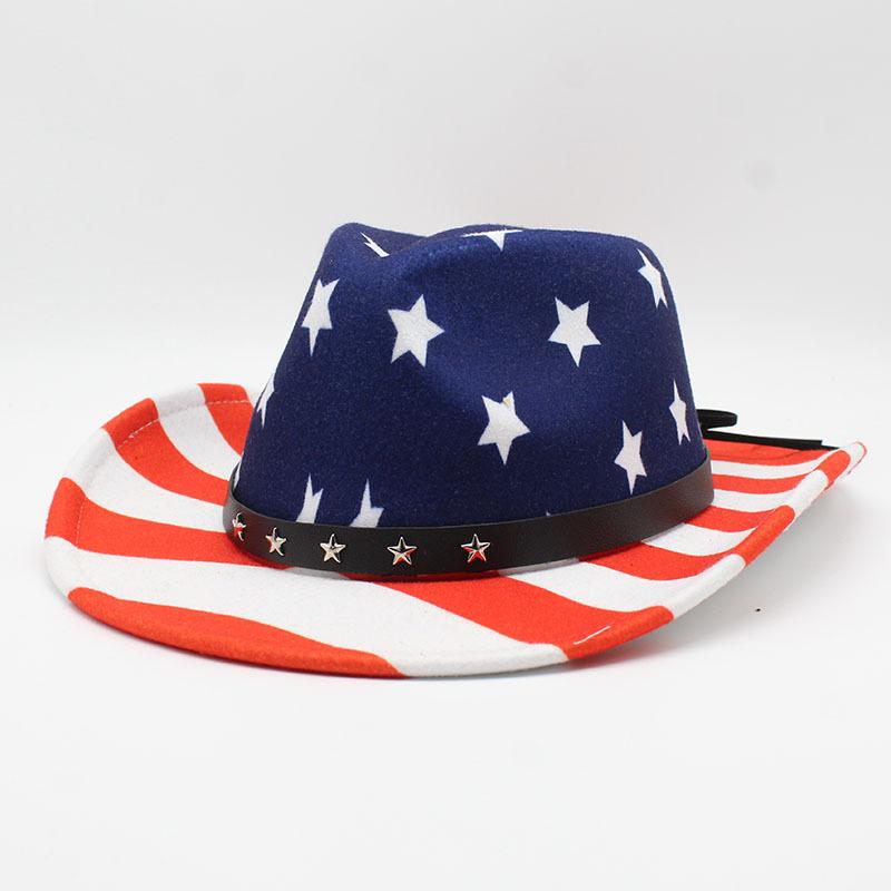 New USA Flag Print Western Cowboy Hat For Women's Men Fashion Party Panama Fedoras Hat Cowgirl Felt Jazz Cap