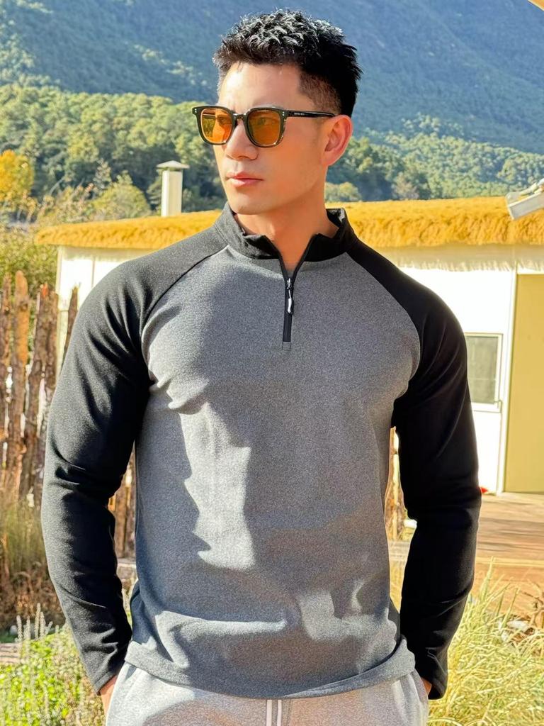 "Men's Warm German Velvet Long-Sleeve Sports Top with Half-Zip"