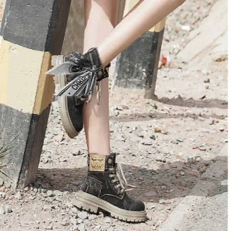 

Джинсовые ботильоны на плоской подошве Женская модная обувь 2024 осень и зима Толстая подошва Дизайнерские челси на шнуровке Женские ботинки Zapatilla 40 чёрный