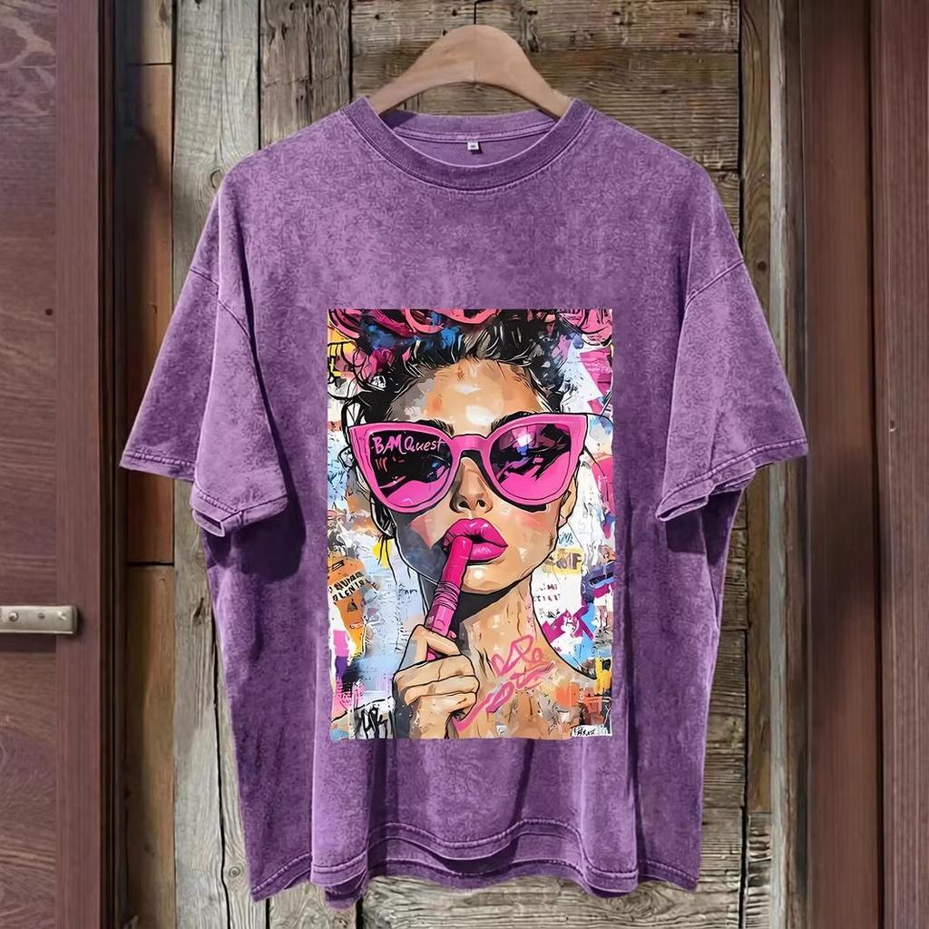 Gewaschenes Distressed T-Shirt Europäischer Amerikanischer Stil Grafikdruck Damen Freizeit Oberteil