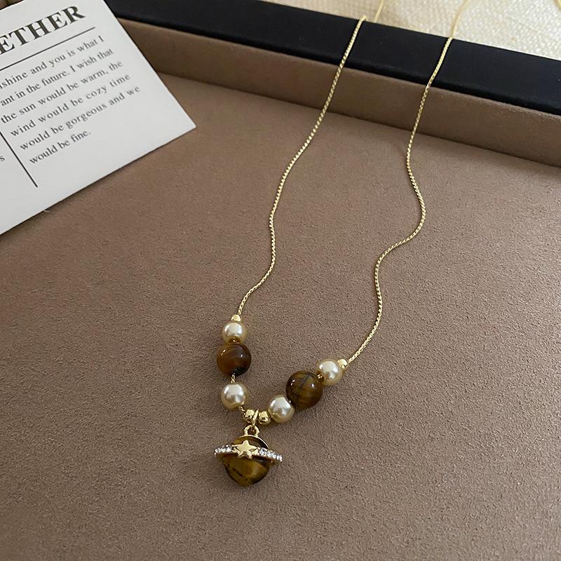 Pearl Tiger Eye Pendant Necklace - Retro Sweater Chain with Simple, Elegant Design for Women