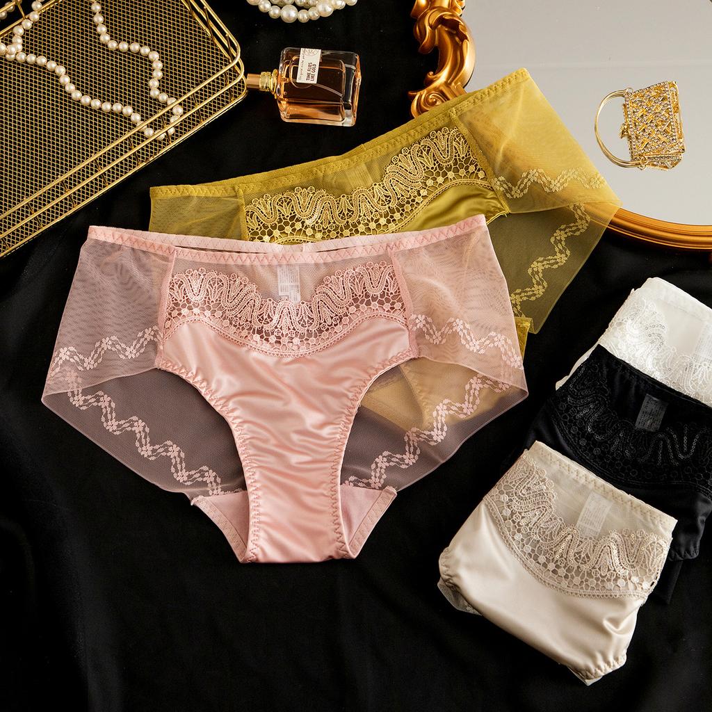 Light Luxury High-end Embroidered Mid Waist Panties with Lace Sexy and Breathable Triangular High Elasticity Satin Surface Women’s Panties
