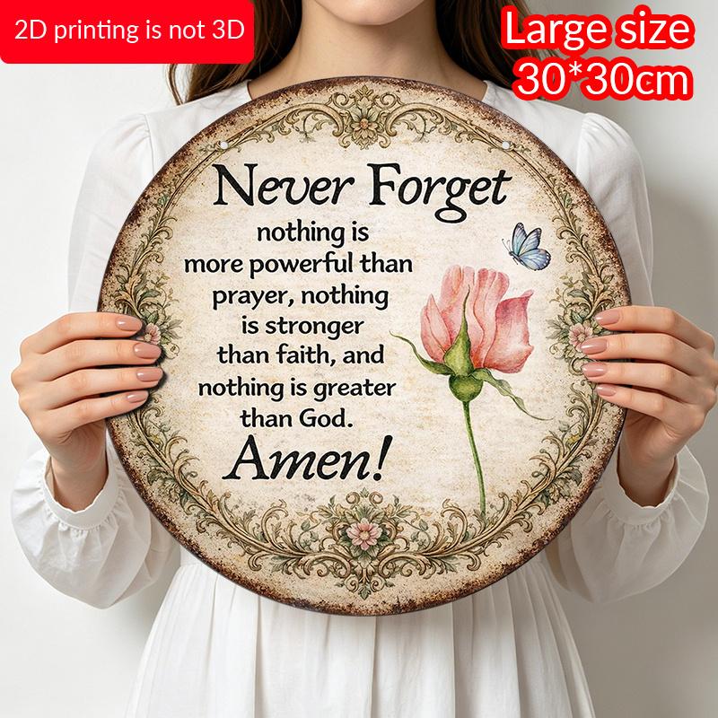 2D Flat, 1pc Vintage Round Christian Faith Prayer Wall Plaque - "Never Forget the Power of Prayer" Quote & Rose Decor, Frameless All-Season Religious