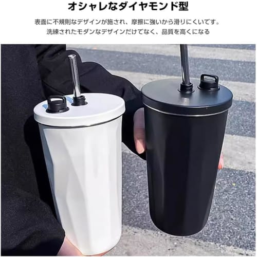 Spill-proof 600ml stainless steel tumbler with straw, wide mouth, and lid. Vacuum insulated, double-walled design for storage and easy carrying. Ideal