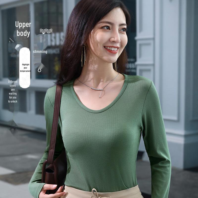 2025 Slim V-Neck Ribbed Long-Sleeve Top - Versatile Solid Color for Women's Layering