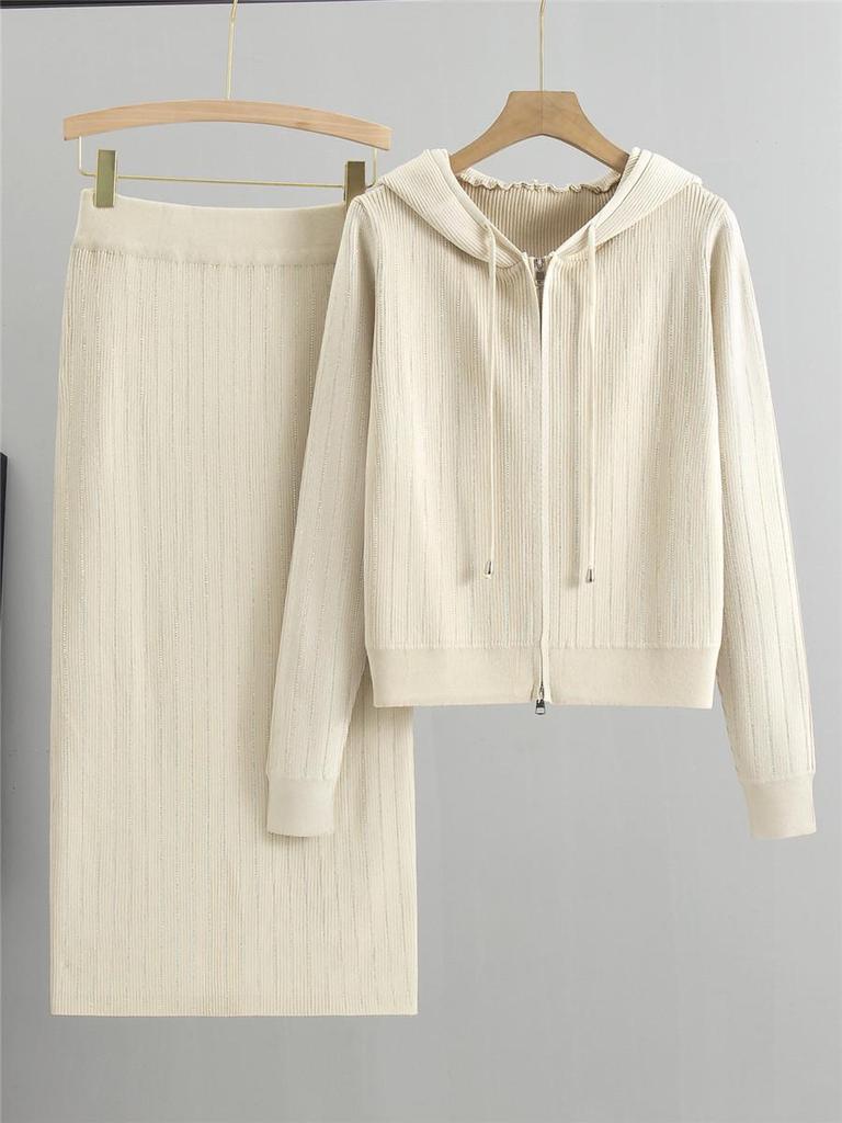 Women's Rhinestone Knit Hooded Cardigan & Skirt Set - Autumn/Winter Fragrance Style