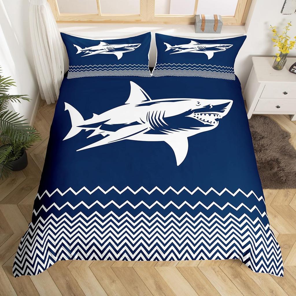 Shark Duvet Cover Queen, 3D Shark Comforter Cover for Kids Boys Girls Teens, Ocean Wave Bed Set, Ocean Life Bedding Set