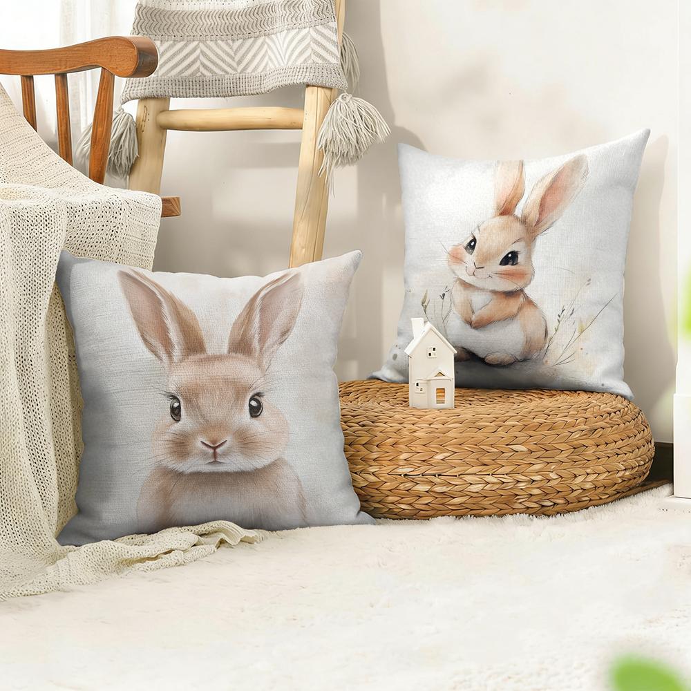 Retro Easter Bunny Cushion Cover Natural Linen Organic Fabric DoubleSided Printing Sofa Home Decor Gift Pillow Cover