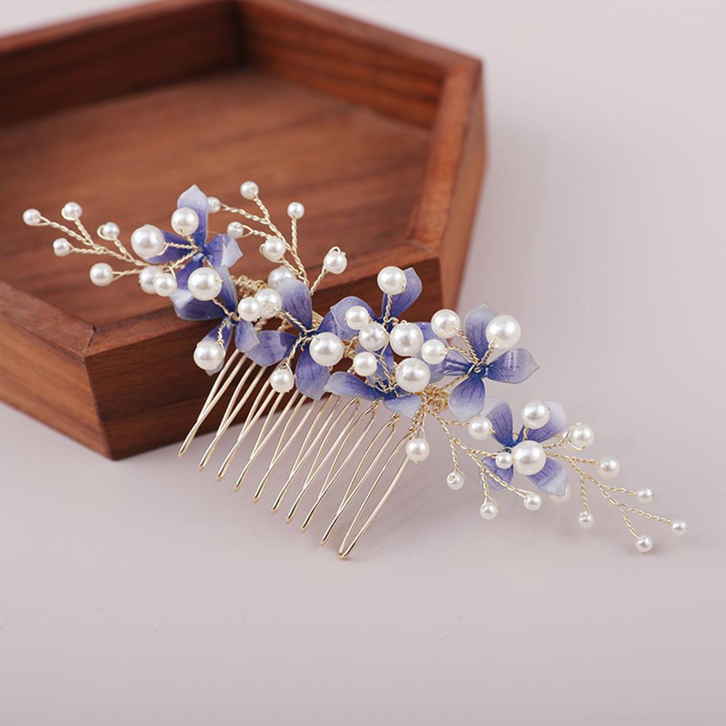 Floral Tiara Hair Comb Wedding Hair Accessoreis For Women Blue Flower Pearl Hairpin Side Pin Girls Party Headwear Charm Jewelry
