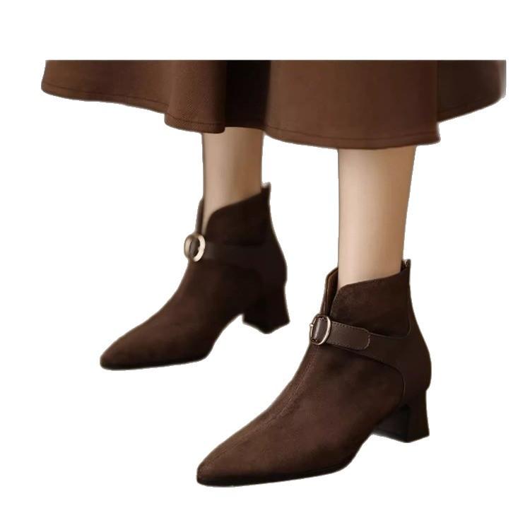 Pointed thick heel Martin boots women's autumn large size suede belt buckle medium heel short boots