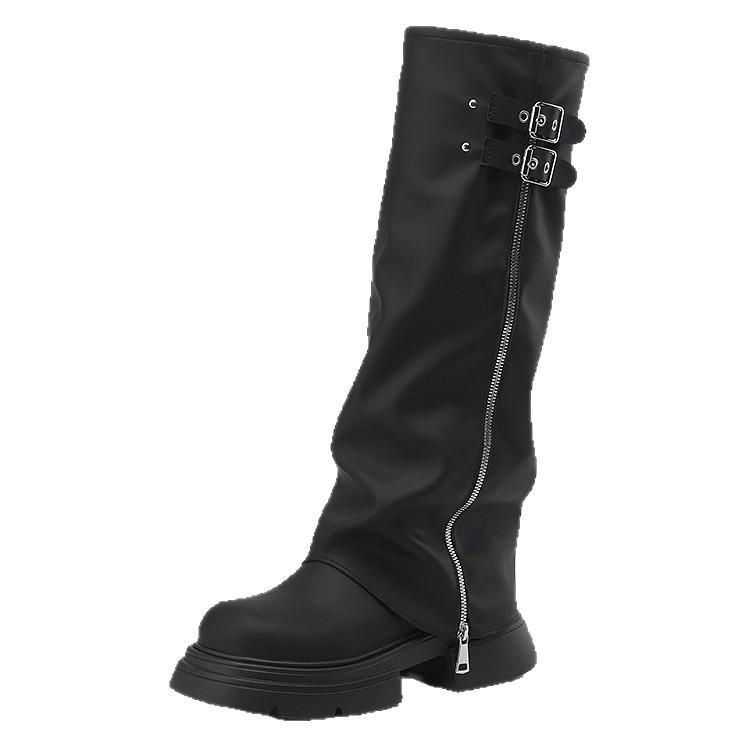 Fashion Women Knee High Boots Female Platform Thick Heel Black Trouser Boots Belt Buckle Pleated Stacked Female Autumn Fashion Shoes