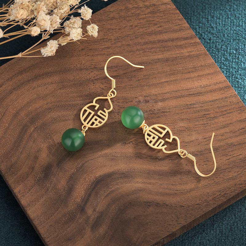Creative National Tide Style Fu Lu Gold-Plated Stud Earrings with Chalcedony Jasper Gourd for Women