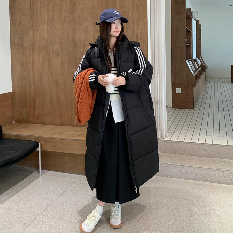 New Couple Three-bar Hooded Cotton-padded Clothes Women's Winter Long Class Clothes Loose Down Cotton-padded Jacket Coat