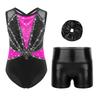Girls Dance Performance Set Shiny Rhinestones Sleeveless Crisscross Back Leotard Metallic Shorts Headwear