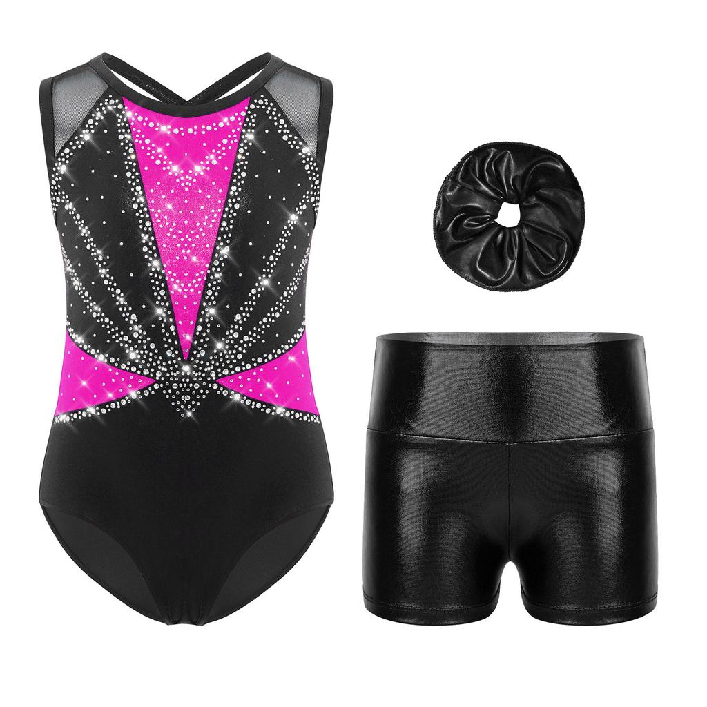 Girls Dance Performance Set Shiny Rhinestones Sleeveless Crisscross Back Leotard Metallic Shorts Headwear