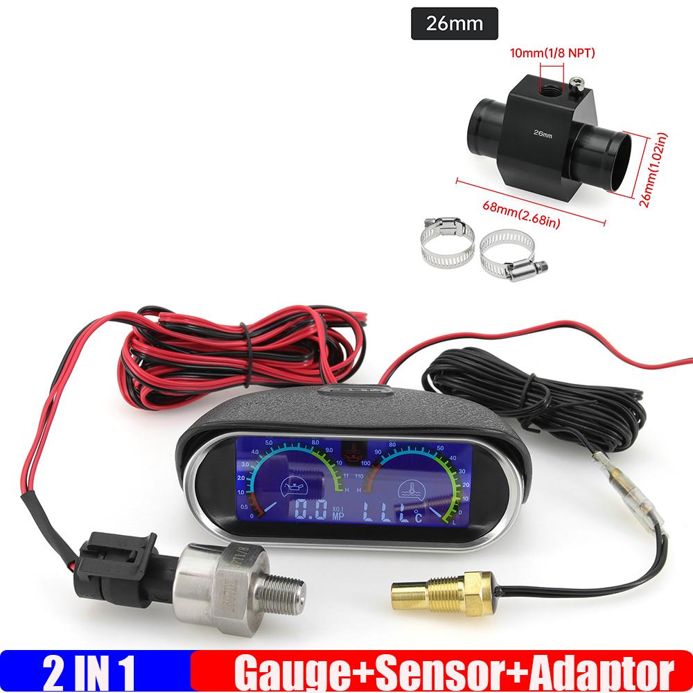 ZMFJH 2IN1 Digital Water Temperature+Oil Pressure Meter with Sensor 10mm Temp Joint Pipe Sensor Hose Adapter for Car Truck 9-32V