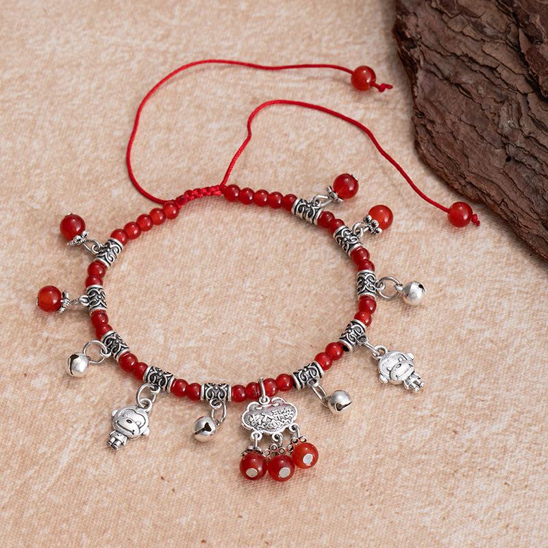 Imitation Red Agate Zodiac Foot ChainRed Rope Bell Hidden Silver Peace Lock Foot Rope Accessory