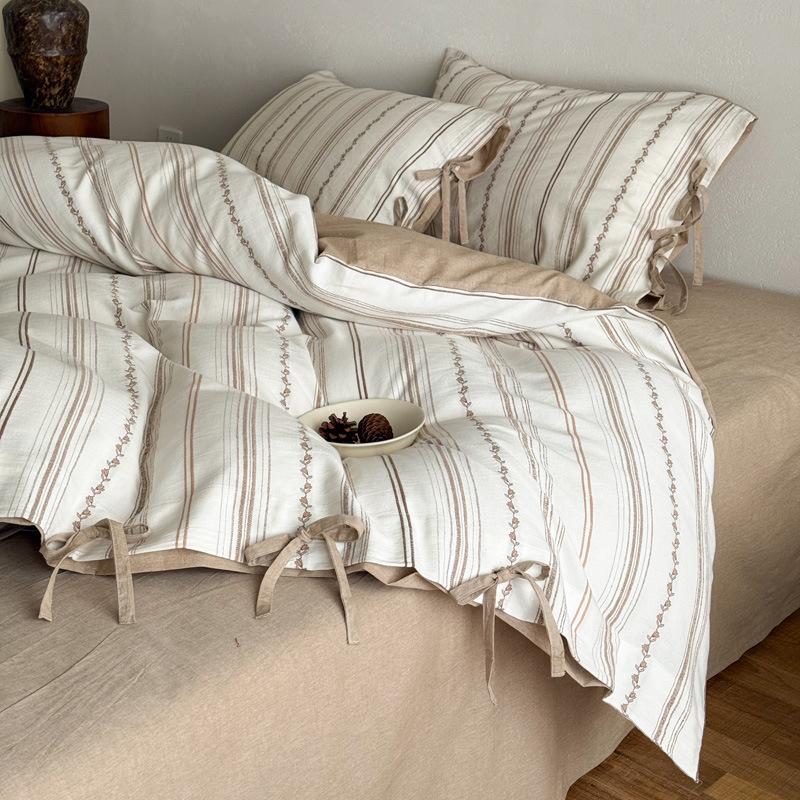 Bed Cotton Four-piece Set Thickened Yarn-dyed Washed Cotton Cut Cotton Strap Quilt Cover Bed Sheet Bedding Bed Hat