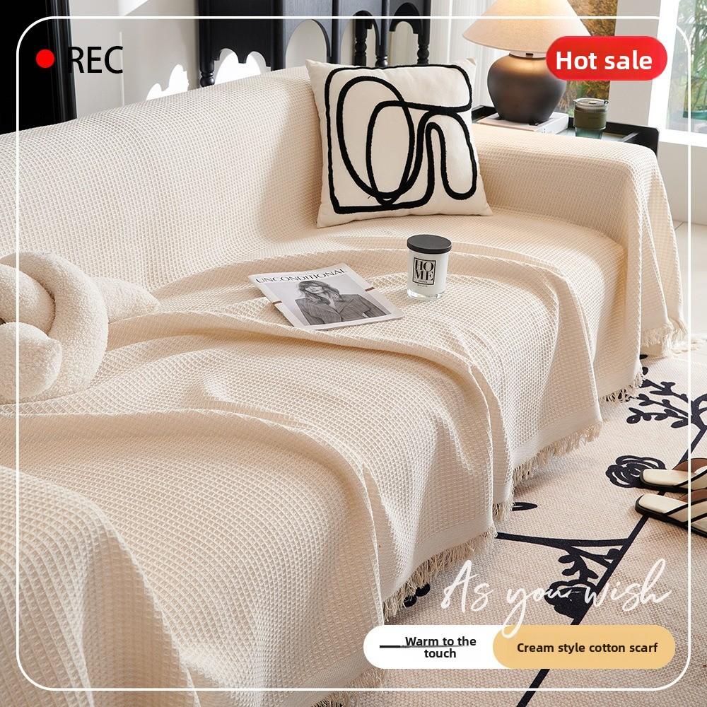 Universal Cream Sofa Cover Full Coverage Stretchable Slipcovers Cotton Gauze Couch Blanket for All Season Home Decor