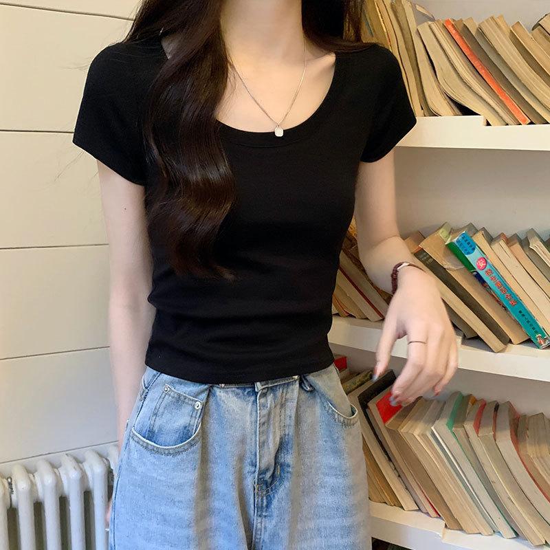 

Дизайнерская короткая футболка женская с круглым вырезом, эластичная, однотонная, универсальная, летняя, корейский стиль, повседневная, обтягивающая, горячая, для девушек, с короткими рукавами XL