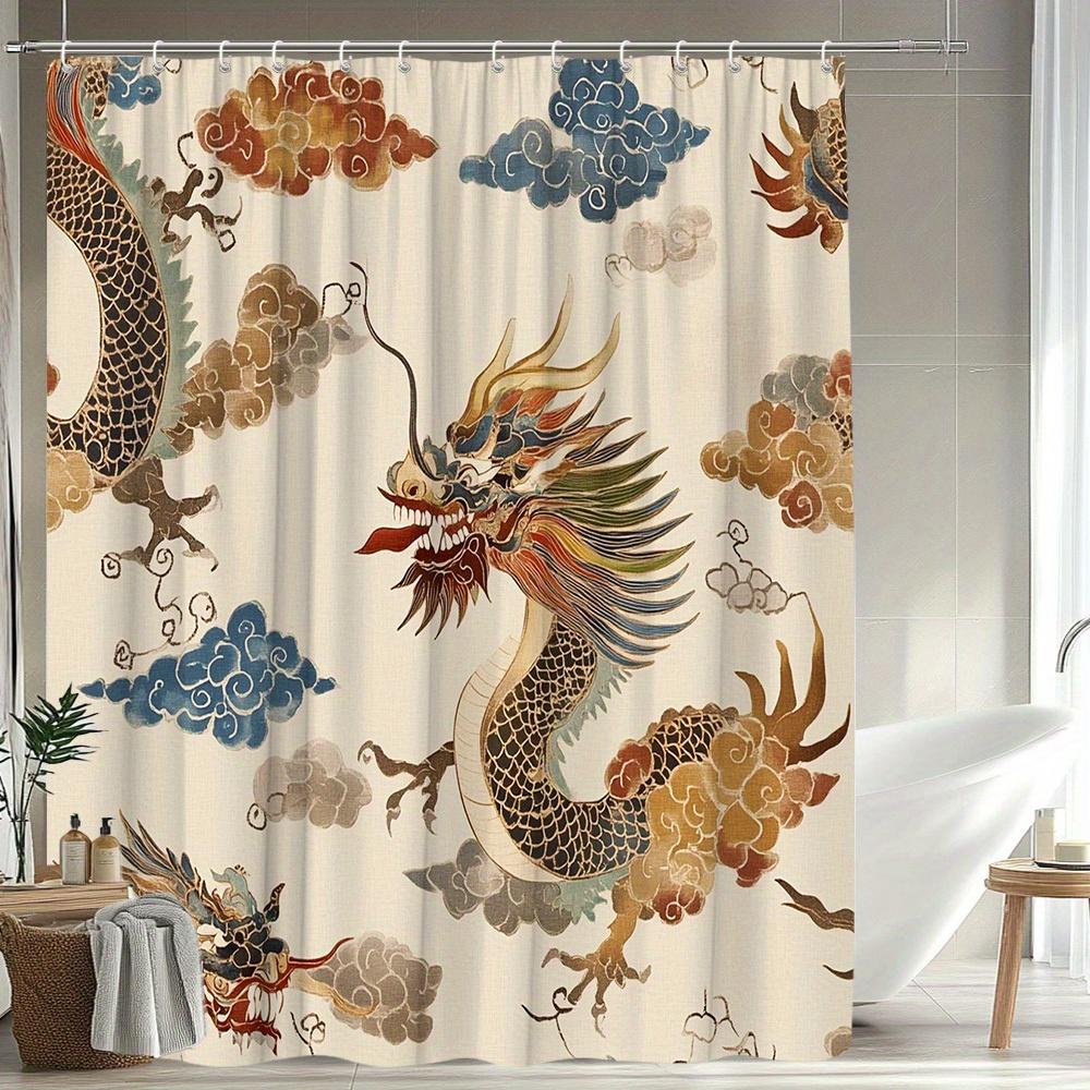 1pc Creative Dragon Pattern Shower Curtain, Classic Oriental Style with Dragon and Auspicious Clouds Design, Bathroom Decor,
