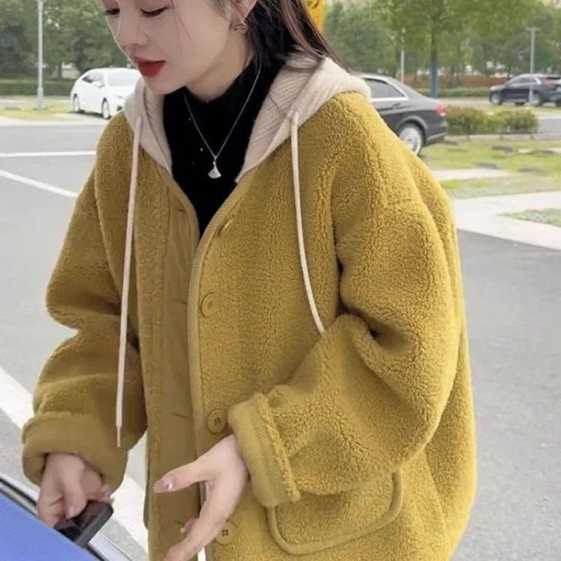 Women's Hooded Contrast Button Long Sleeve Cardigan Jacket Pocket Casual Fashion Top