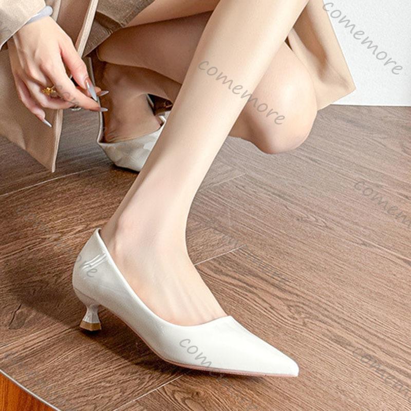 Comemore 3cm Low Heeled Shoes for Women Bright Patent Leather Pointed Toe Pumps Temperament Commuting Shallow Mouth Single Shoes
