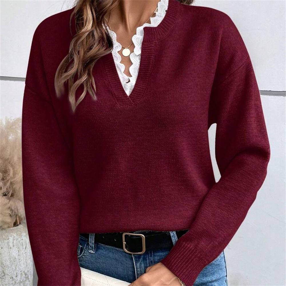Women's Autumn & Winter Lace Trim V-Neck Sweater, Solid Color Loose Long Sleeve Knit Top S-XL