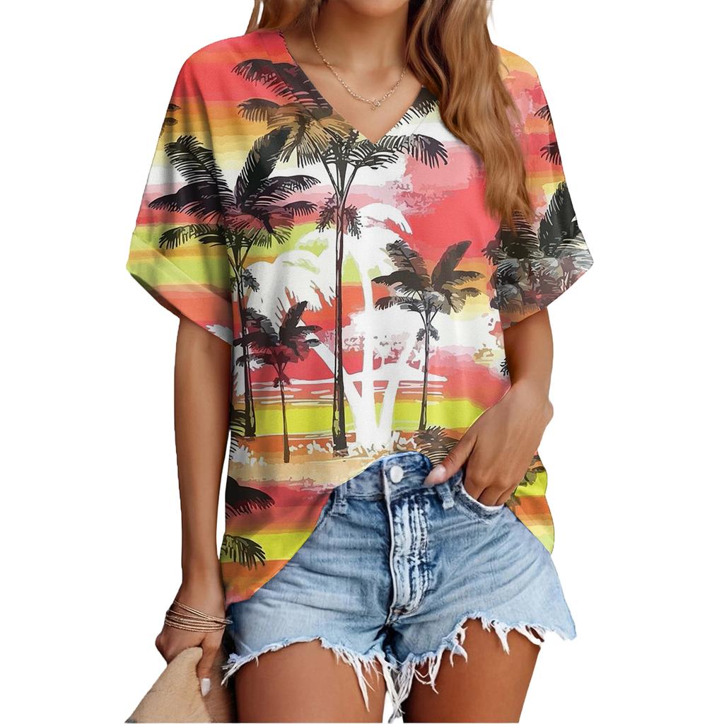 Women's Fashionable Casual Everyday Versatile Floral Print Slim-Fit Summer Short-Sleeve Top