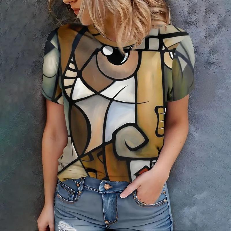 Tricou de damă la modă imprimat 3D, de vară, respirabil, casual, versatil