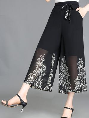 Bloemenpatroon Chiffon Korte Wijde Pijpen Broek, Casual Broek met Riem voor Lente Herfst Dameskleding