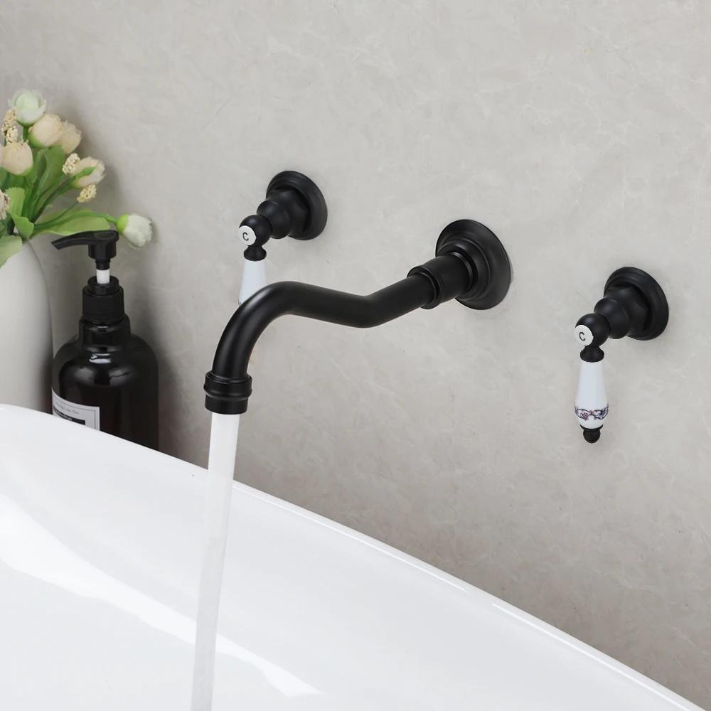 

KEMAIDI Antique Brass Bathroom Widespread Sink Faucet Wall Mount 3 Holes 2 lever Knobs Brass Lavatory Basin Mixer Tap Mixing чёрный