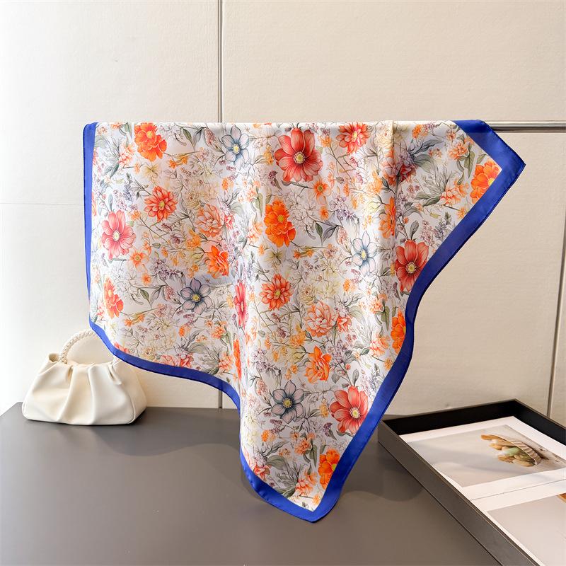 2026 New Floral Print Designer 70Cm Square Silk Women's Scarf Spring Summer Satin Scarves Shawl Headband Bandana Hijab Wrap