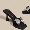 Fashion Summer New Stiletto Sandals Square Head Open Toe Sequin Butterfly Knot Thin Strap Anti-slip Wear-resistant High-heeled Slippers