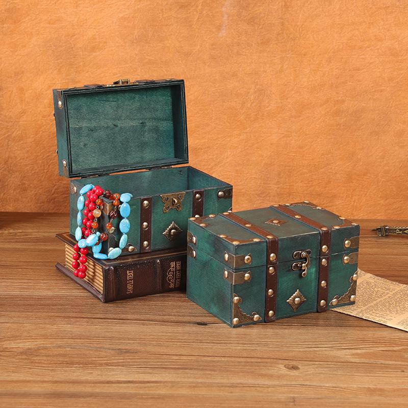 Vintage Wooden Treasure Chest with Lock - Jewelry Box & Film Prop