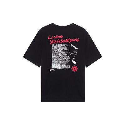 Li-Ning Série Skate Estampa de Letras Solta Casual Manga Curta Ombro Caído Camiseta Unissex Preta AHST023-1