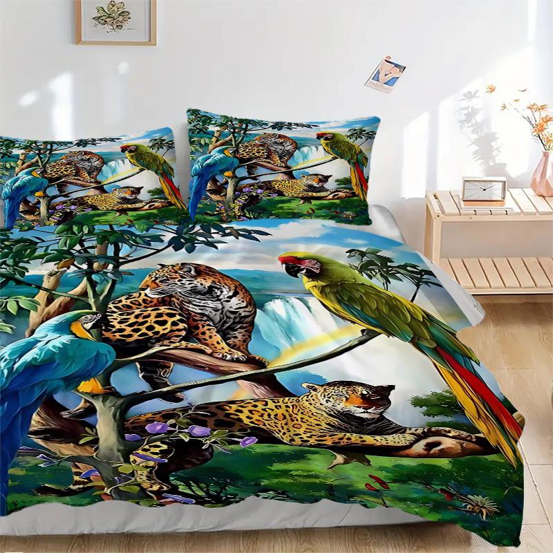 3pcs Anime Leopard & Parrot Bedding Set, Includes One Quilt Cover and Two Pillowcases (No Core), Polyester Fabric