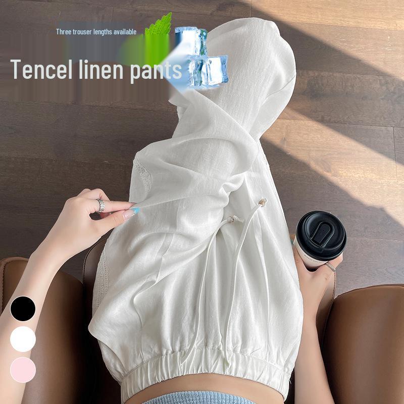 2026 Summer Tencel Linen High-Waisted Wide-Leg Lace Pants for Women