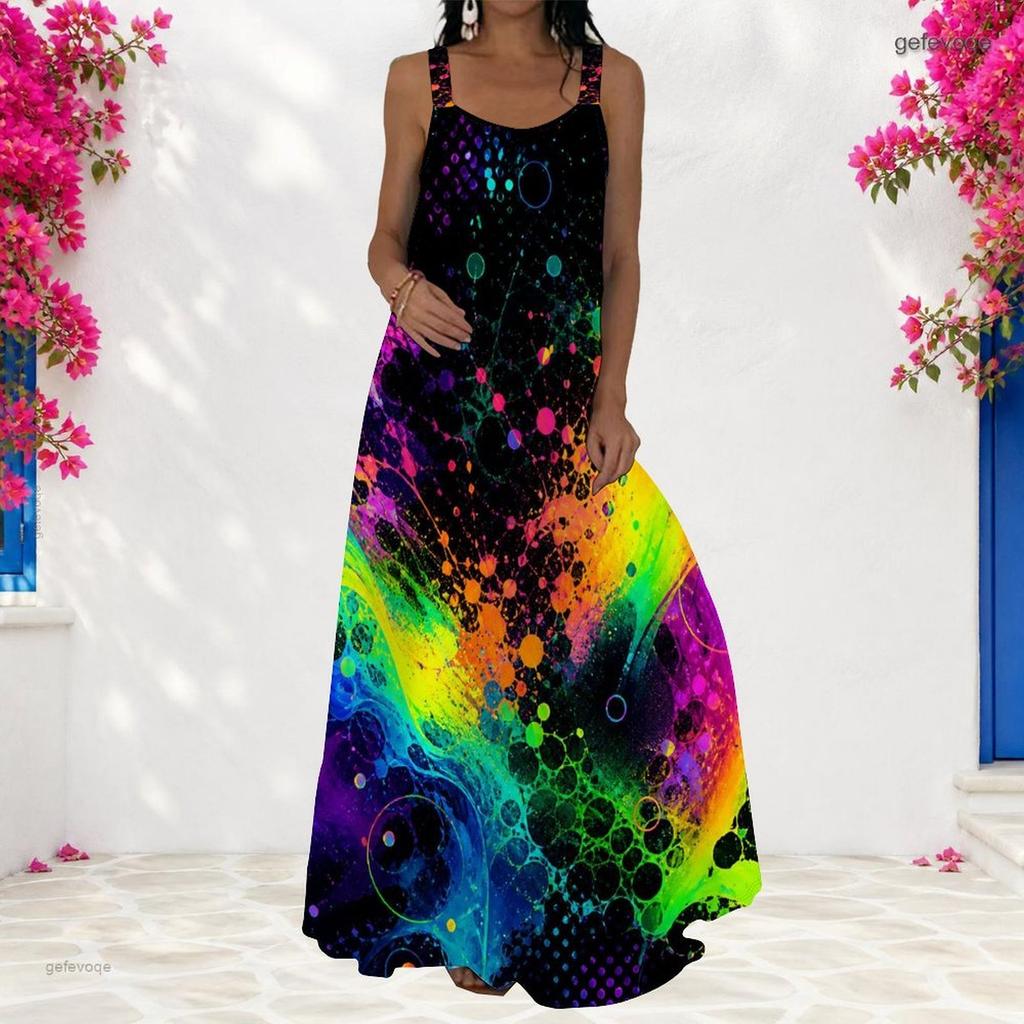 Women Plus Size Scoop Neck Strappy Sleeveless Galaxy Printed A Line Maxi Dress