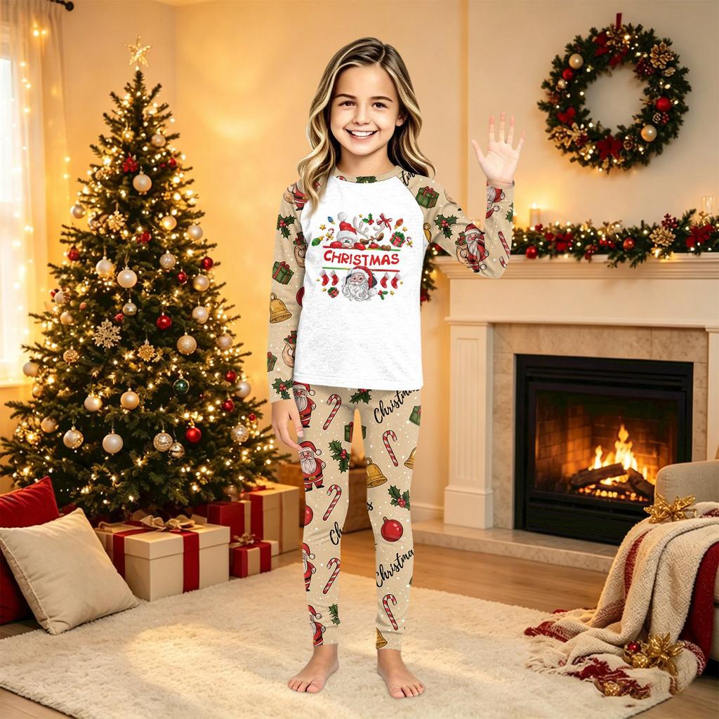 Christmas Family Matching Long Sleeve Pajama Set with Neck Top and Pants for Parents and Kids