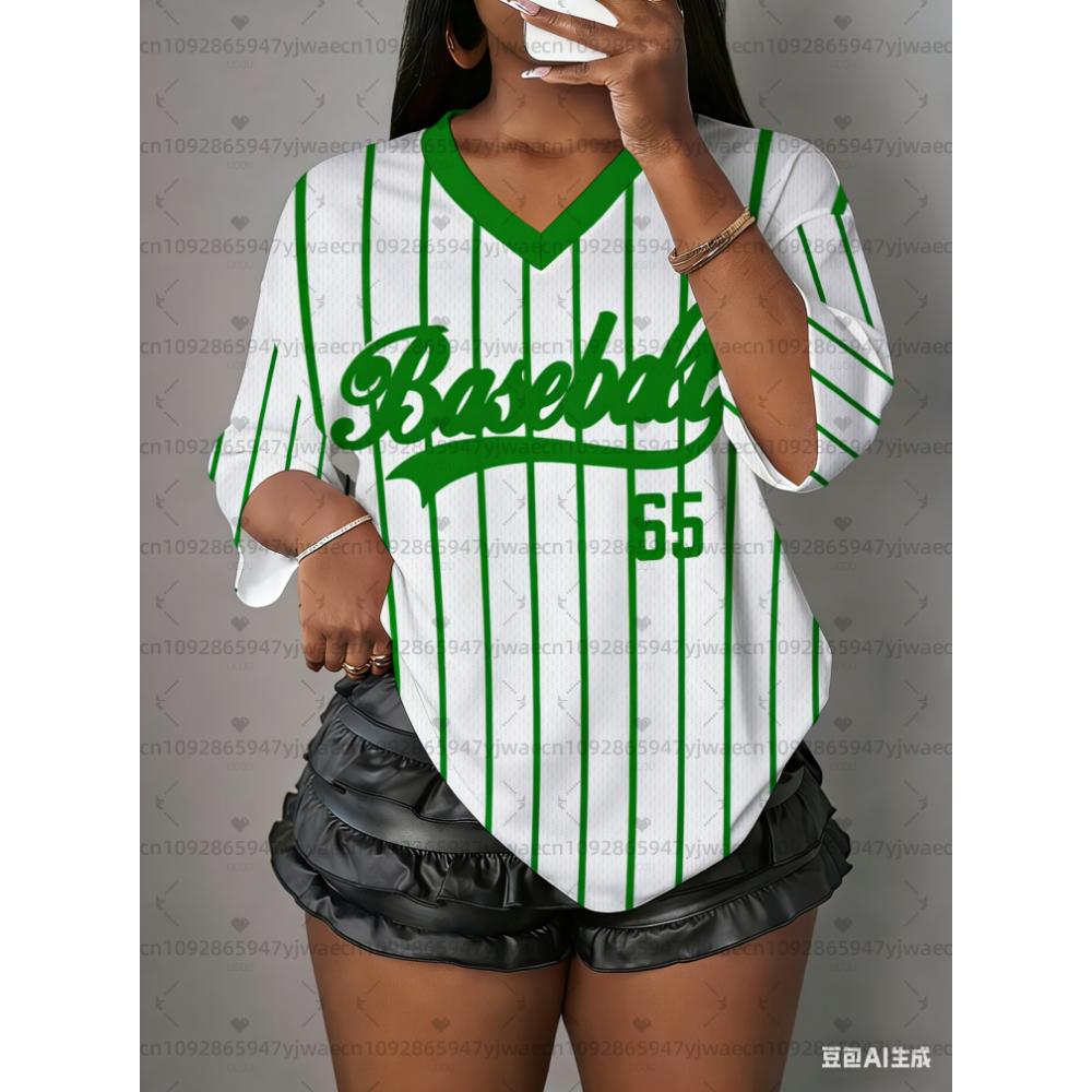 

2026 Summer Baseball 65 Print Woman T Shirt Girl Oversize Daily Top Female Creativity Street T Shirt V-Neck T-Shirt Casual Cloth XL