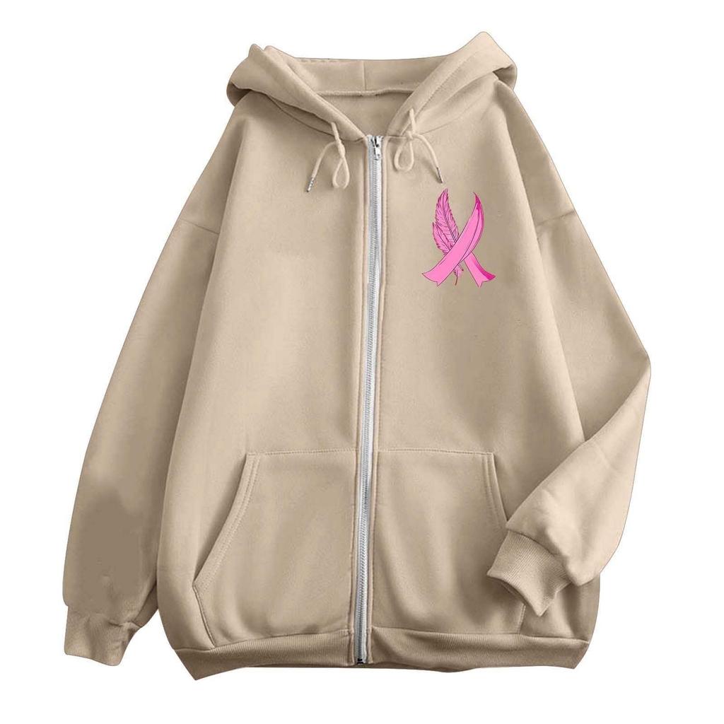 Women's Breast Sweatshirt Ribbon Breast Long Sleeve Hooded Pocket Casual Sweatshirt Jacket