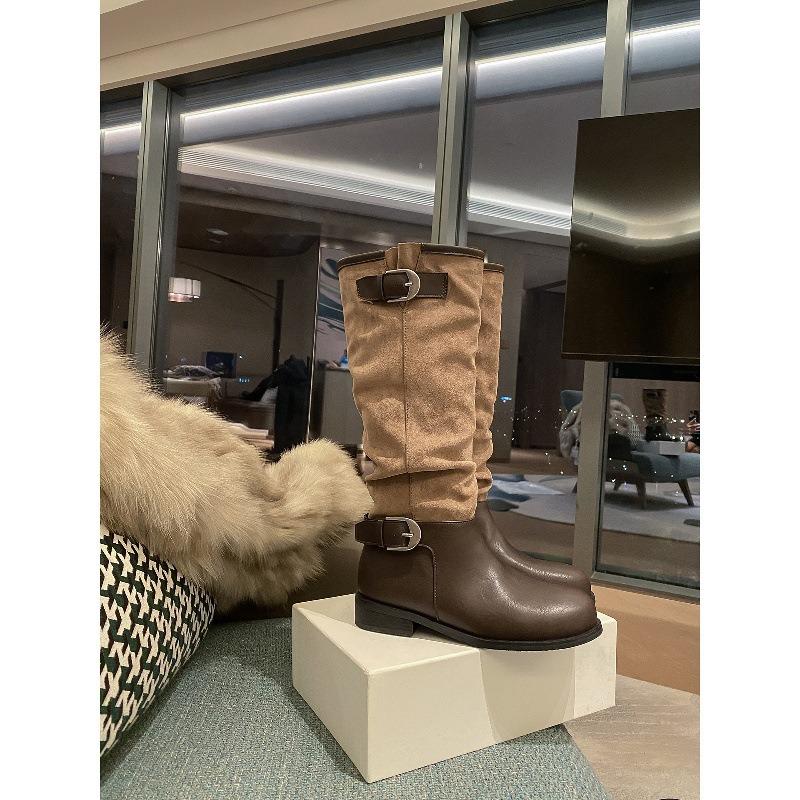 Cowhide Version Ma Sichun Fashionable Leather Buckle with Round Head Splicing Thick Heel Knight Boots Women's Boots Stacking Boots