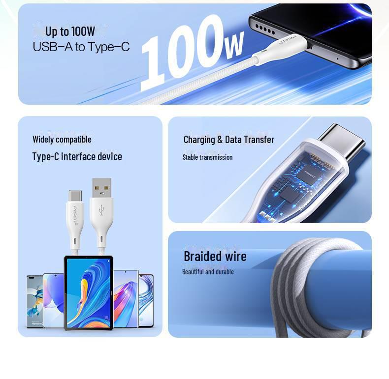 PISEN 100W Type-C Fast Charging Cable for Huawei, Xiaomi, OPPO - 6A Universal Compatibility.