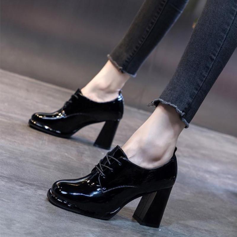 Fashion Block Heel Platform Pumps Women Autumn Shoes 2024 Fall High Heels Shoes Ladies Spring Side Zip Deep Mouth Patent Leather Shoe
