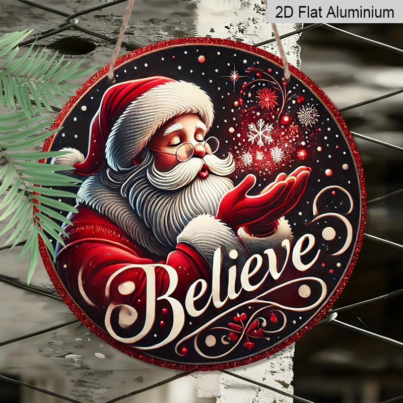 2D Flat, 1pc Round Aluminum Hanging Sign, Dark Snowy Background Classic Santa Claus Snowflake Believe Cursive Print, Farmhouse Front Porch Patio Yard