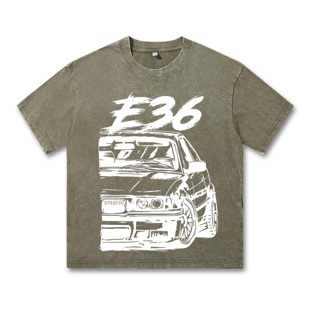 Retro Washed Vintage T-Shirt High Quality T Shirts E36 T-Shirt Summer Oversized Short Sleeve Clothes Cotton Loose Street Tops