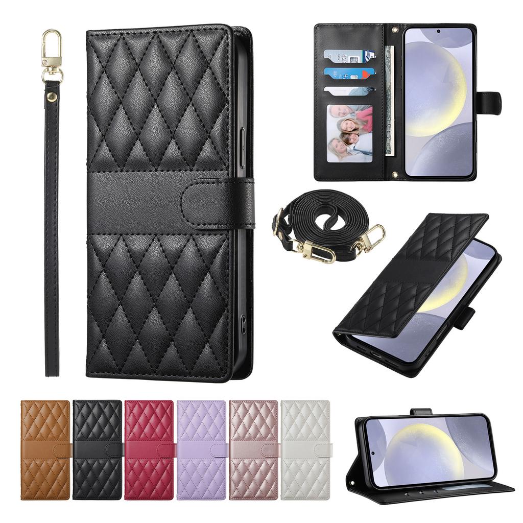 Crossbody Card Solt Wallet Leather Case For Samsung Galaxy S25 Ultra A16 A36 A56 A55 A15 S24 Plus S23 FE Grid Lanyard Flip Cover